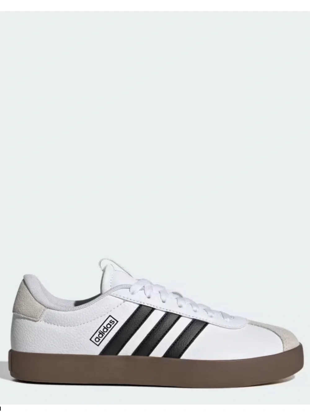 adidas White Leather Sneakers with Black Stripes and Brown Sole - Picture 1 of 4